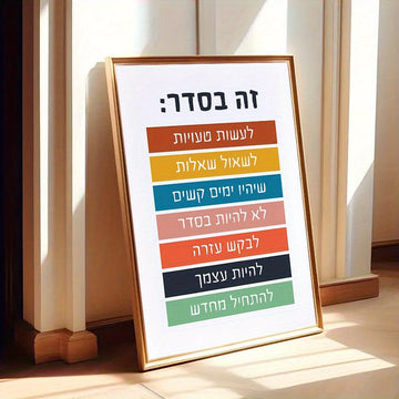 פוסטר בעברית זה בסדר נשען על הקיר בתוך מסגרת להמחשה