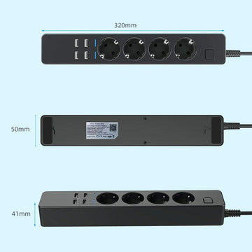 מפצל חשמל חכם עם 4 שקעים ו-4 יציאות USB - שחור - כבל 3 מטר