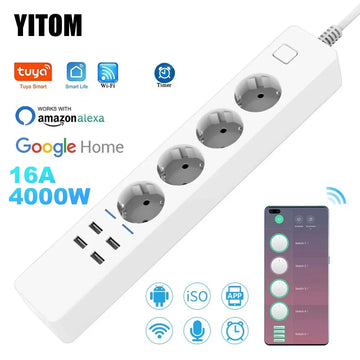 מפצל חשמל חכם עם 4 שקעים ו-4 יציאות USB - שחור - כבל 1.8 מטר