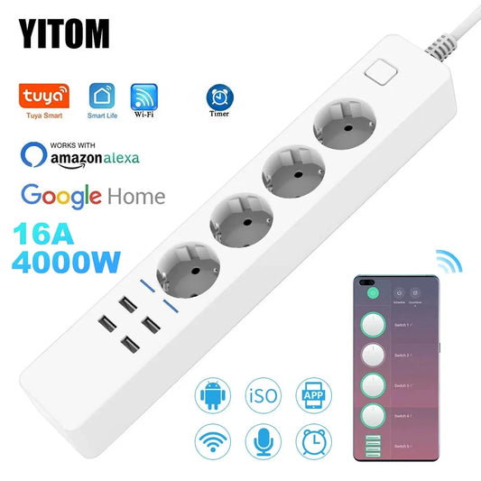 מפצל חשמל חכם עם 4 שקעים ו-4 יציאות USB - שחור - כבל 1.8 מטר