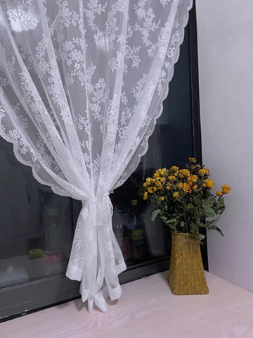 וילון תחרה פרחוני - לבן - רוחב 150 × גובה 200 ס״מ