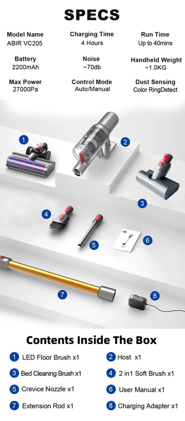 שואב אבק אלחוטי ABIR VC205 - ניקוי חכם לבית ולרכב - תמונת מוצר