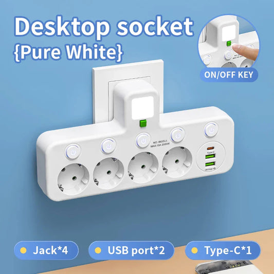 מפצל קיר עם טעינת USB - דגם קיר רחב עם USB ו-Type-C - לבן